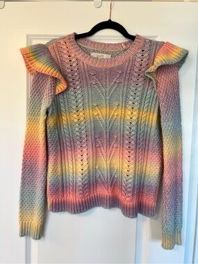 LOFT Pastel Rainbow Cable-Knit Ruffle Shoulder Sweater - Multi
